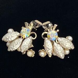 Vintage Pearl Lava and Gold Clip Earrings